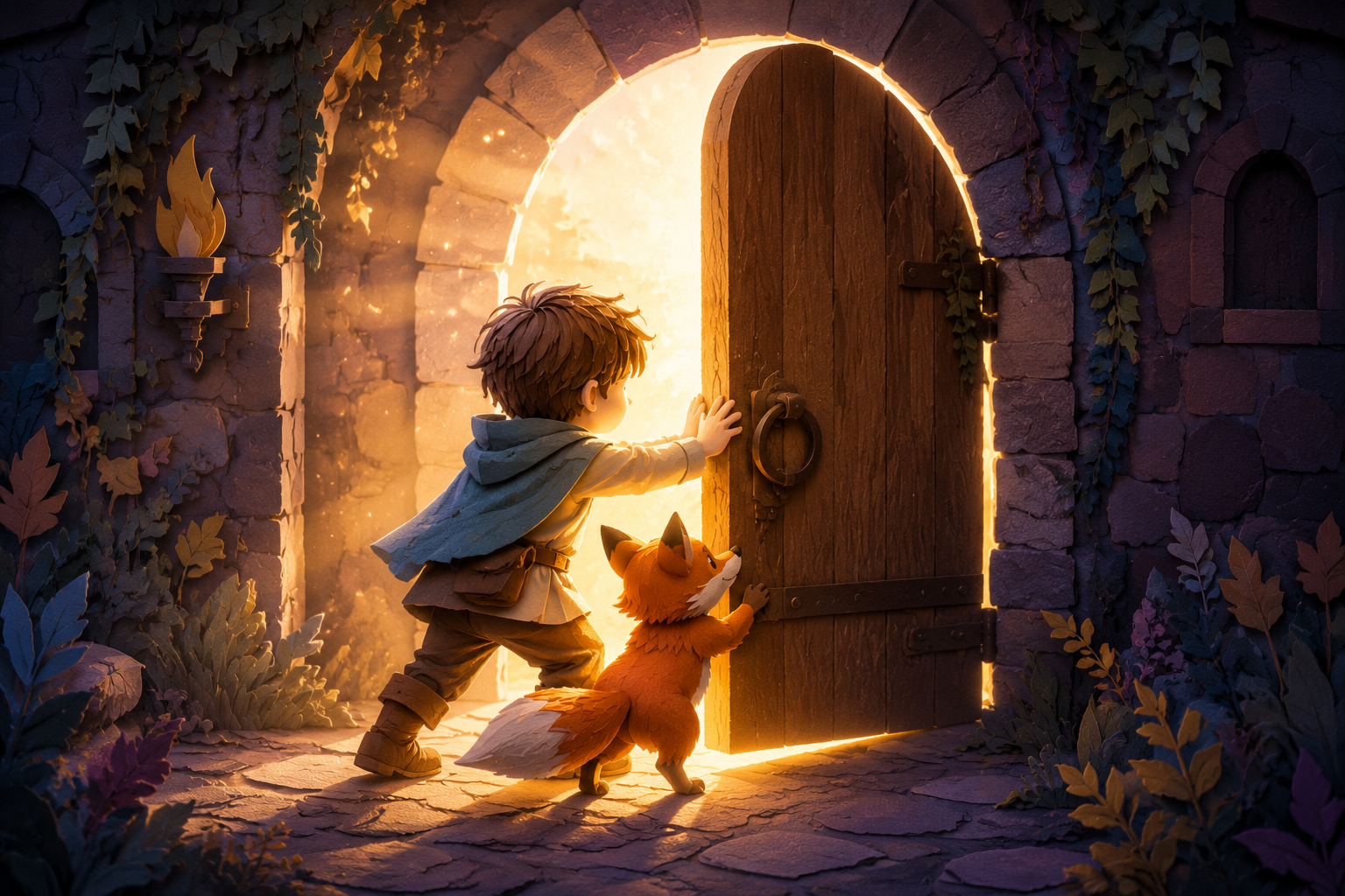 A child and cat opening a magical door