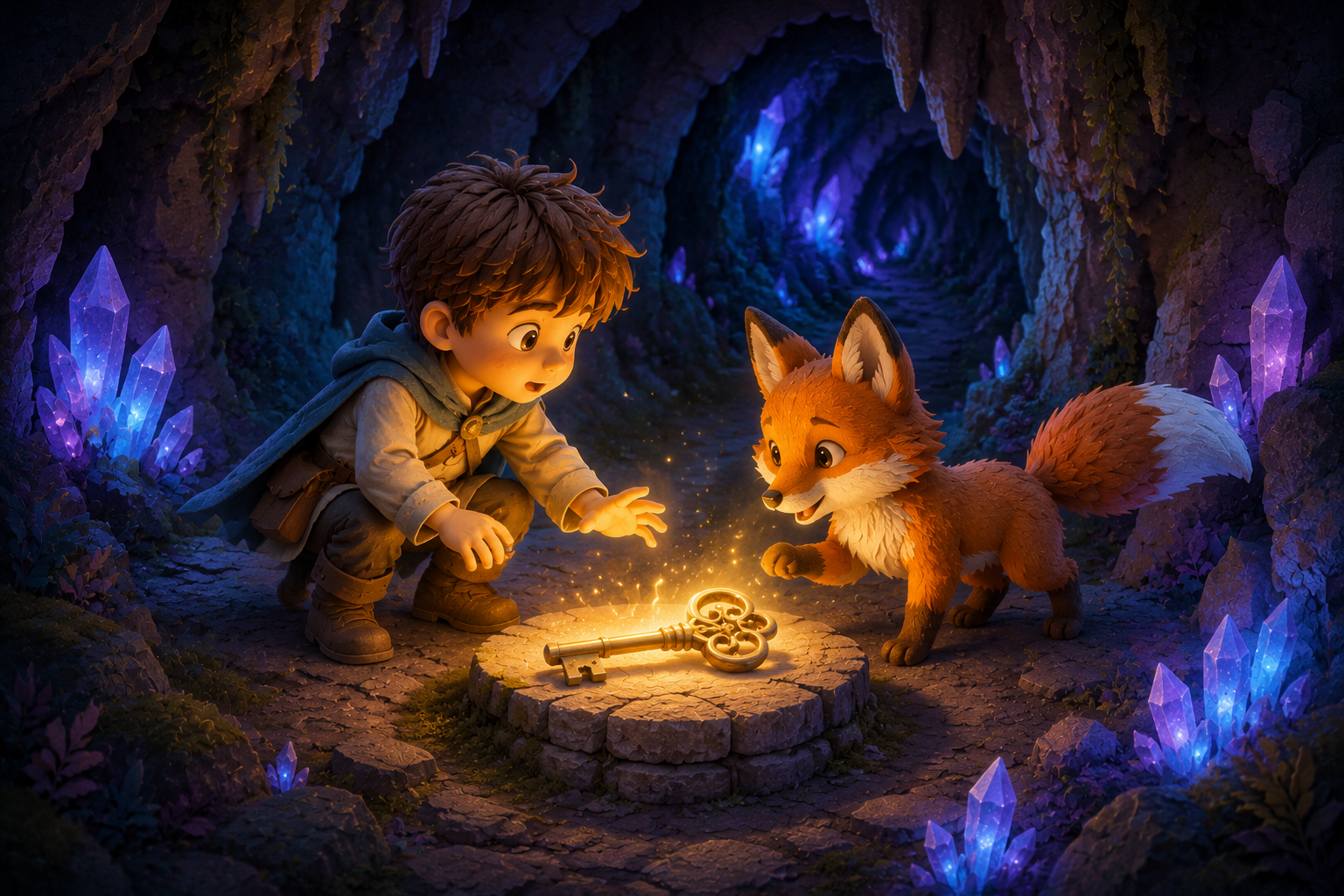 A child and fox discovering a magical key